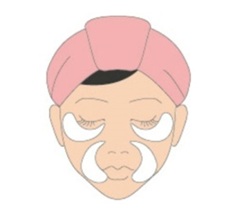 ゲルシートパックの使用部位の説明　目元とほうれい線に貼る様子